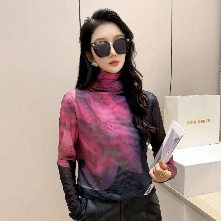 蕾丝加绒网红洋气百搭时尚内搭半高领打底衫显瘦长袖修身扎染保暖