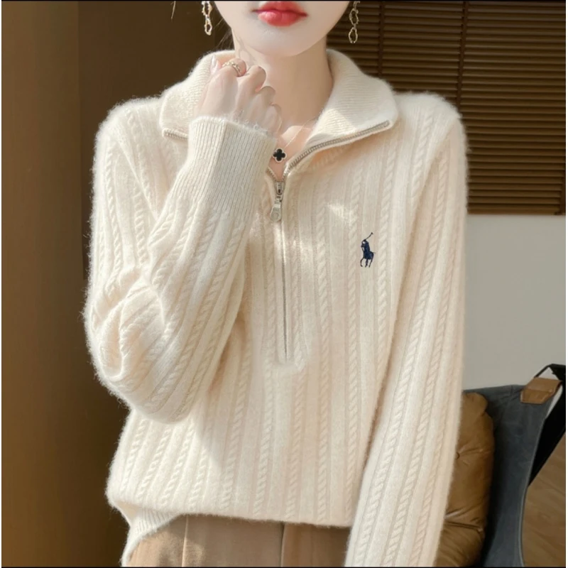 100%澳洲纯羊毛女加厚半拉链小麻花刺绣套头宽松刺绣百搭毛衣针织