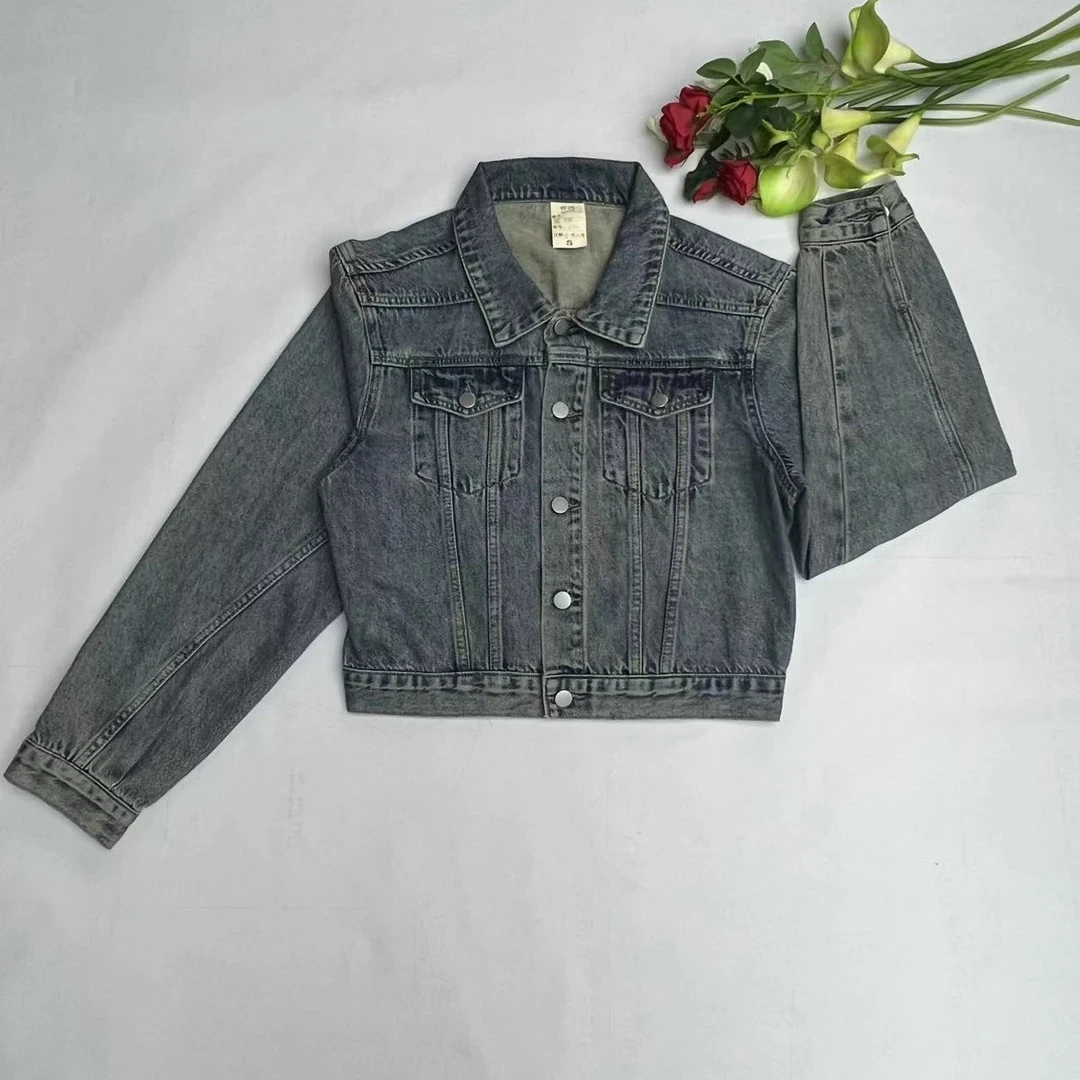 【PJH】86709秋季新款复古风短款百搭水洗灰色牛仔外套均码80-140斤