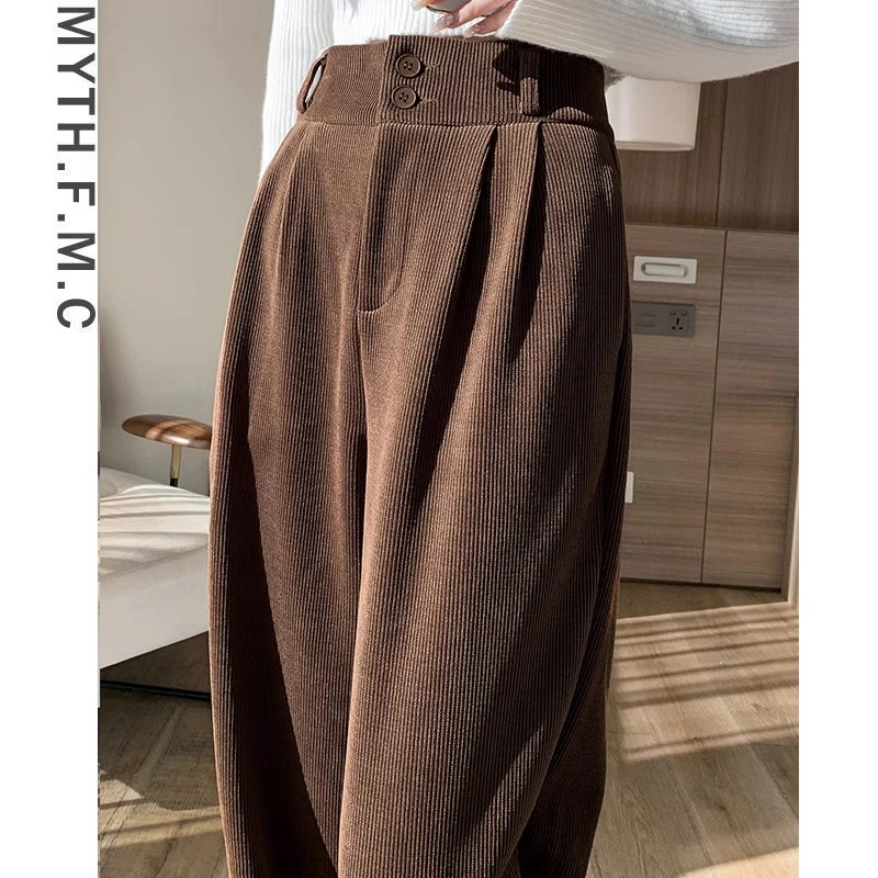 棕色灯芯绒阔腿裤子女秋冬季2023新款爆款高腰雪尼尔直筒裤垂坠感