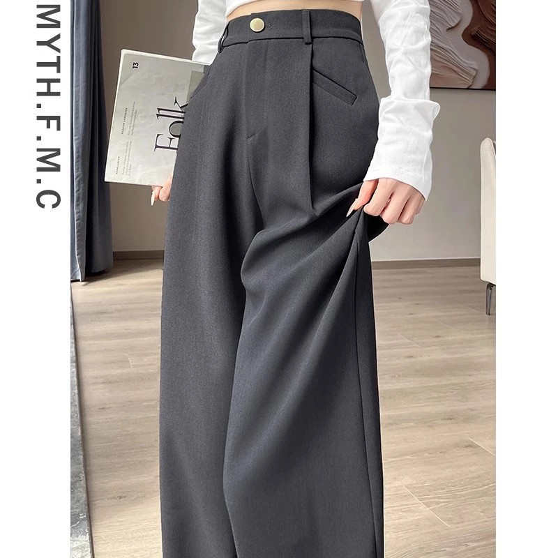 灰色高级感西装裤子女爆款春秋季2024新款高腰直筒窄版阔腿裤垂感
