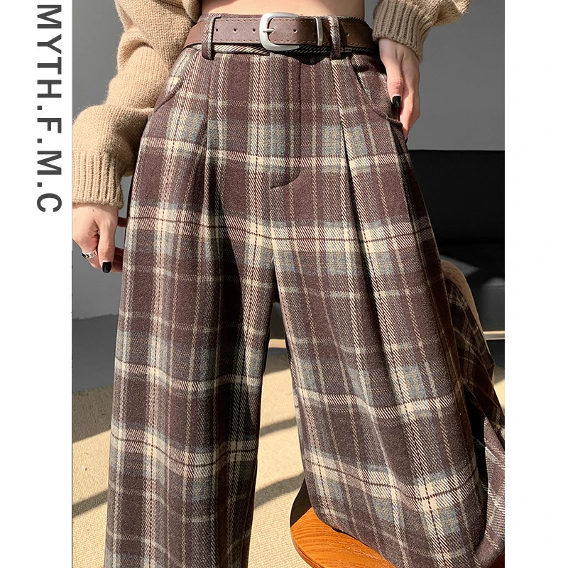 咖色格子毛呢西装裤子女秋冬季2023新款高腰窄版直筒阔腿裤垂坠感