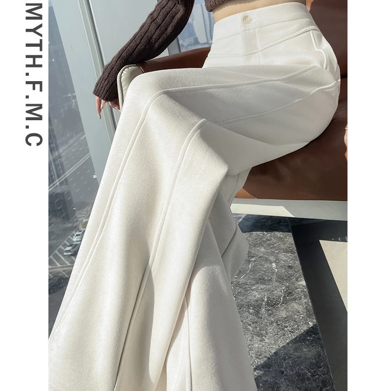 米白色慵懒风松弛感糯米裤子女秋冬季宽松高腰直筒弯刀香蕉阔腿裤