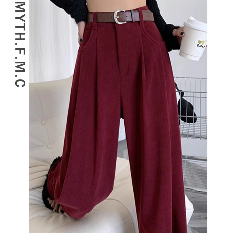 酒红色加绒灯芯绒裤子女秋冬季2024新款高腰雪尼尔直筒阔腿裤垂感
