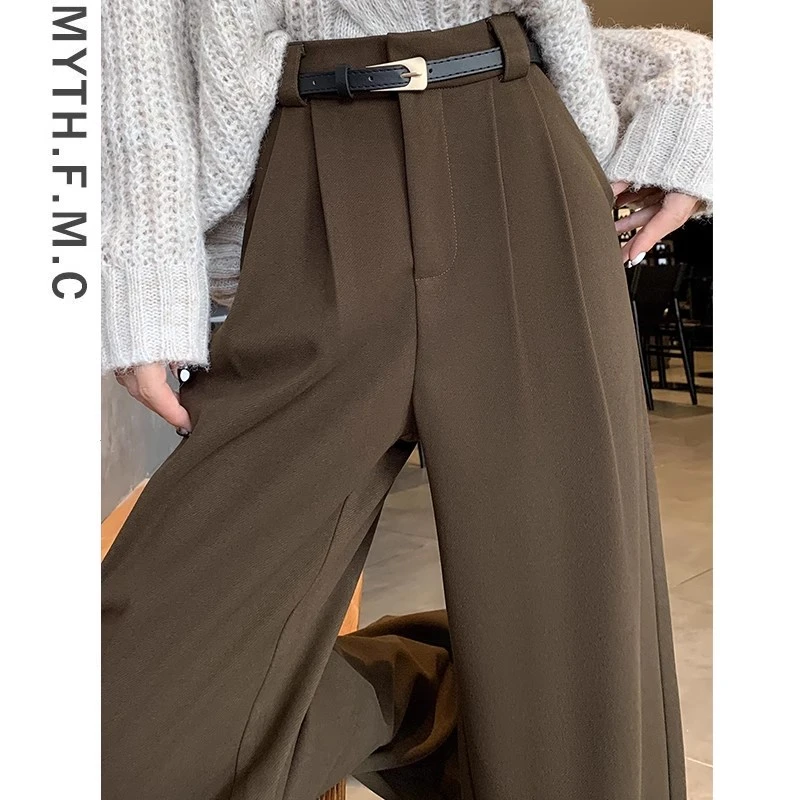 咖啡色高级感毛呢西装裤子女秋冬季2024新款高腰直筒窄版阔腿长裤