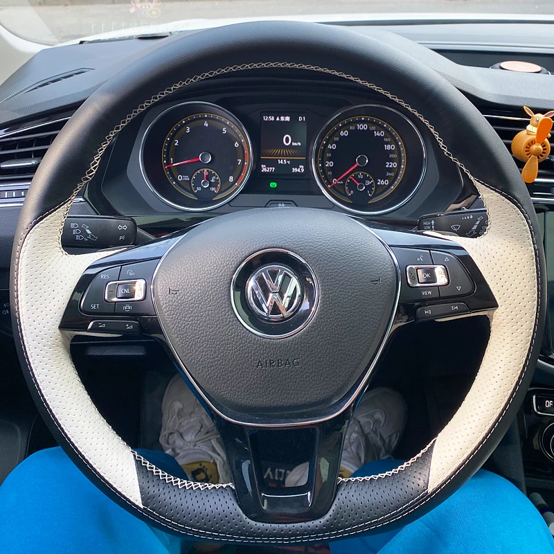 车载好物用于大众凌渡宝来高尔夫朗逸桑塔纳速腾真方向盘套手缝皮