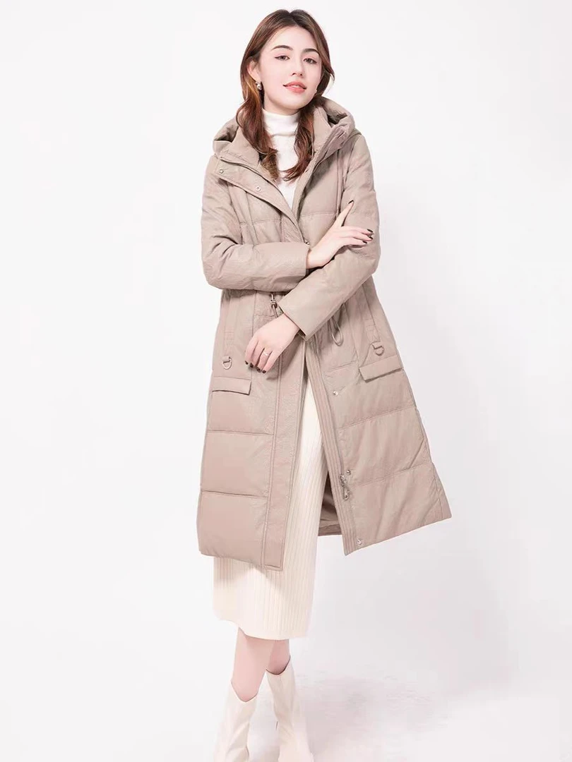 程程【82622】连帽时尚中长款抽绳休闲绵羊皮外套女士百搭羽绒服