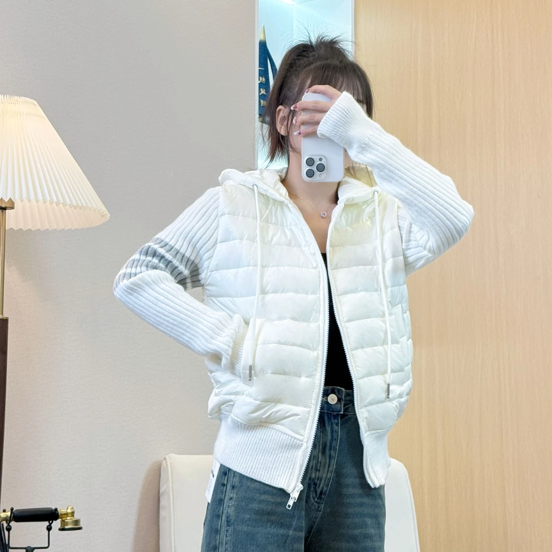 QIHONG【秋冬新品】小香风白鸭绒棉服轻薄短款连帽简约针织拼接