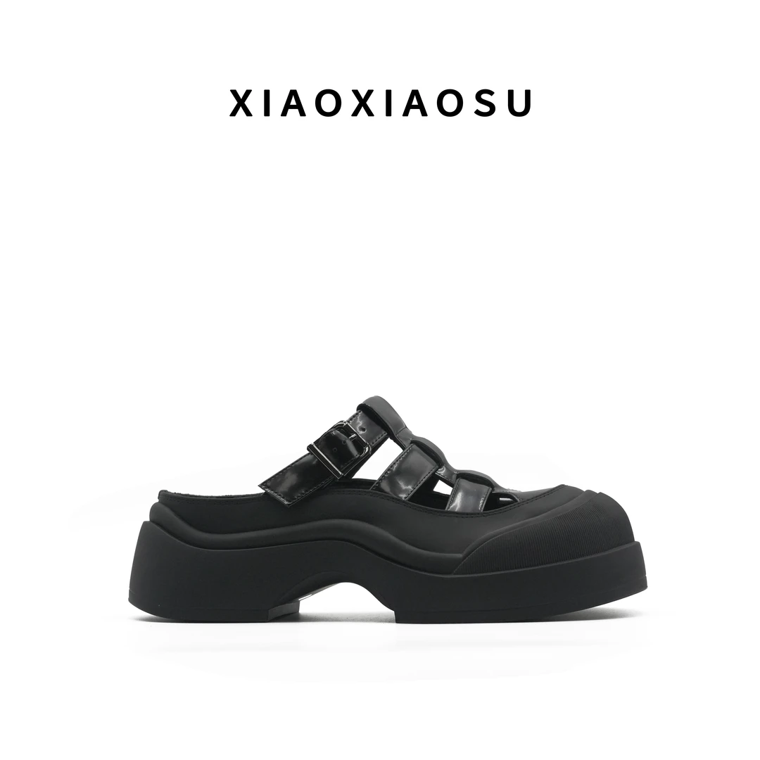 小小苏【温雅】新款真皮包头罗马厚底懒人半拖