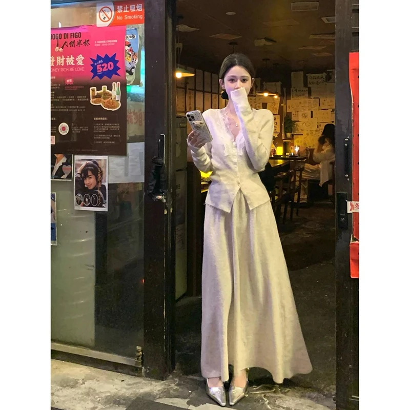 【小静粉丝专属】时尚风V领蕾丝羊毛开衫上衣高级感气质显瘦半身裙