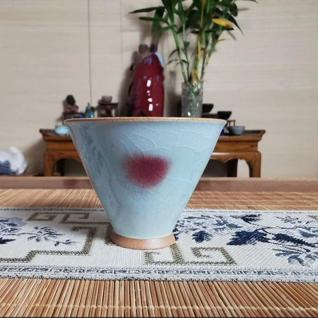 钧瓷冰片纹斗笠杯 带红 茶器茶杯 纯手工原矿釉纯天然窑变釉色