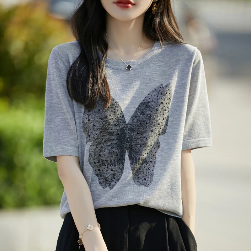 2024夏季圆领竹节麻针织短袖女蝴蝶镶钻上衣宽松半袖T恤NJR430