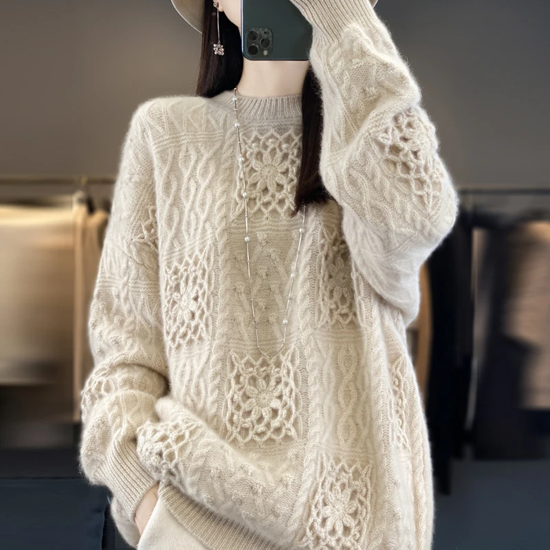 欧美范羊毛衫女圆领中国风保暖舒适软糯宽松手工立体钩花毛衣D265