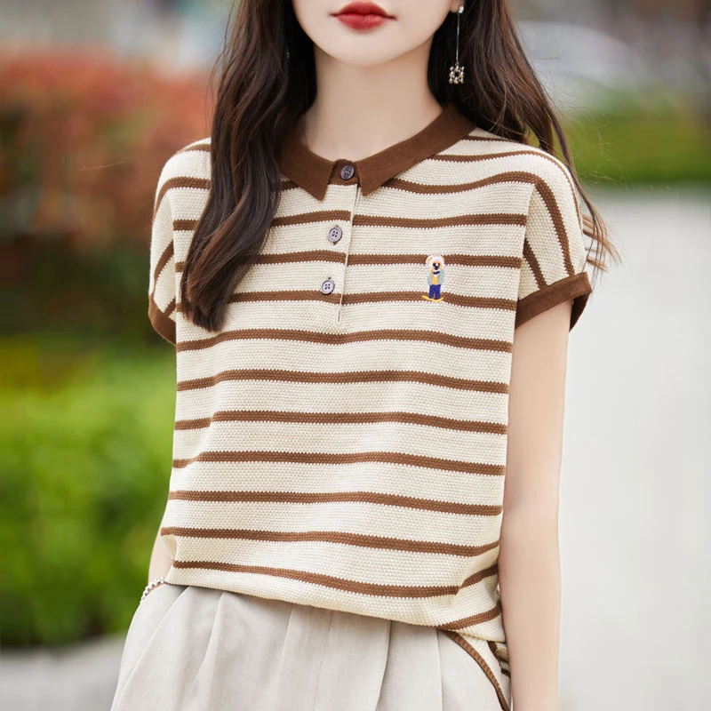 刺绣条纹翻领针织短袖T恤女2024夏季新款宽松polo领薄款上衣NS889