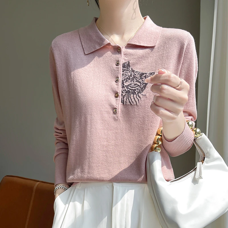 早秋新款精纺羊毛翻领针织衫女长袖上衣宽松外穿Polo领打底K89160