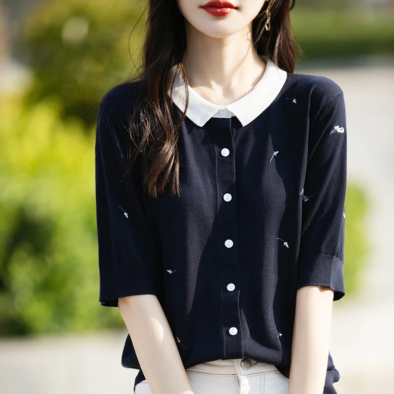 刺绣撞色蚕丝羊毛POLO领针织开衫女薄短袖t恤气质翻领上衣py6045