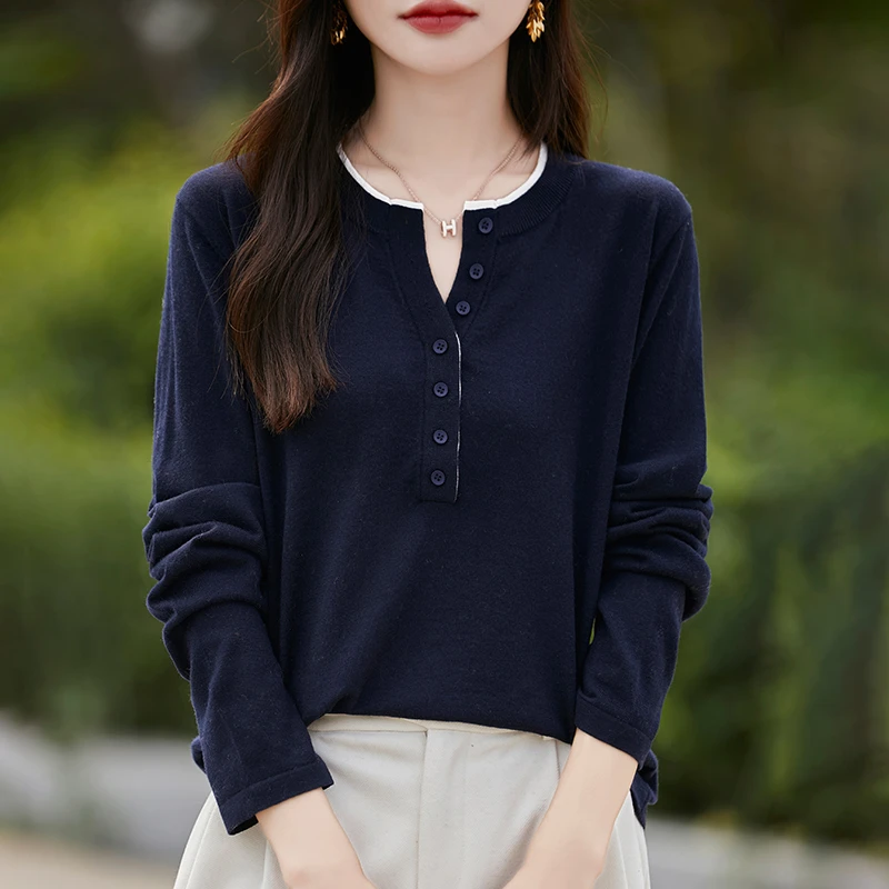 秋冬新款半开领精纺羊毛衫女撞色圆领套头薄款纯色上衣打底NS3276