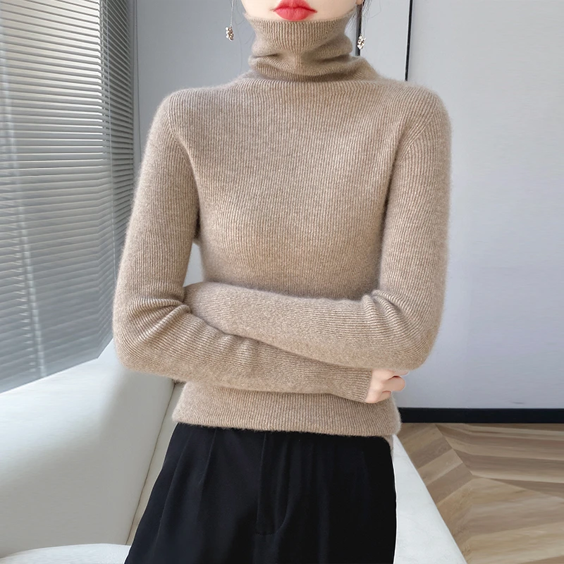 100纯羊毛衫高领修身显瘦洋气针织上衣纯色堆领套头打底百搭毛衣