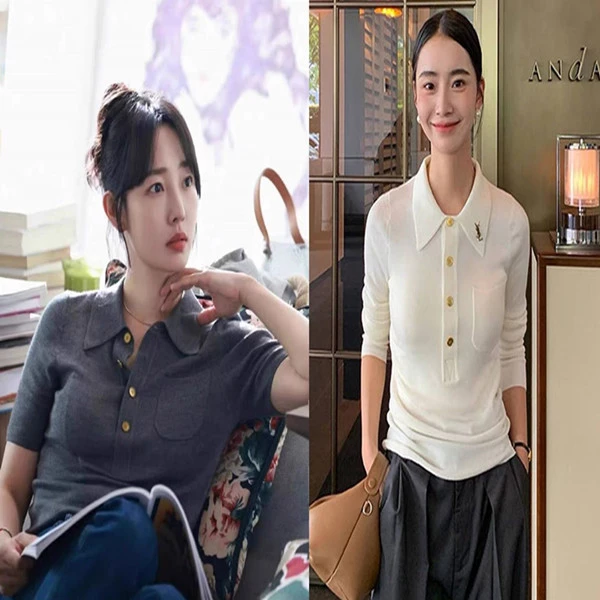 骄阳伴我白百合简冰同款灰色洋气Polo领针织衫短袖上衣女翻领T恤