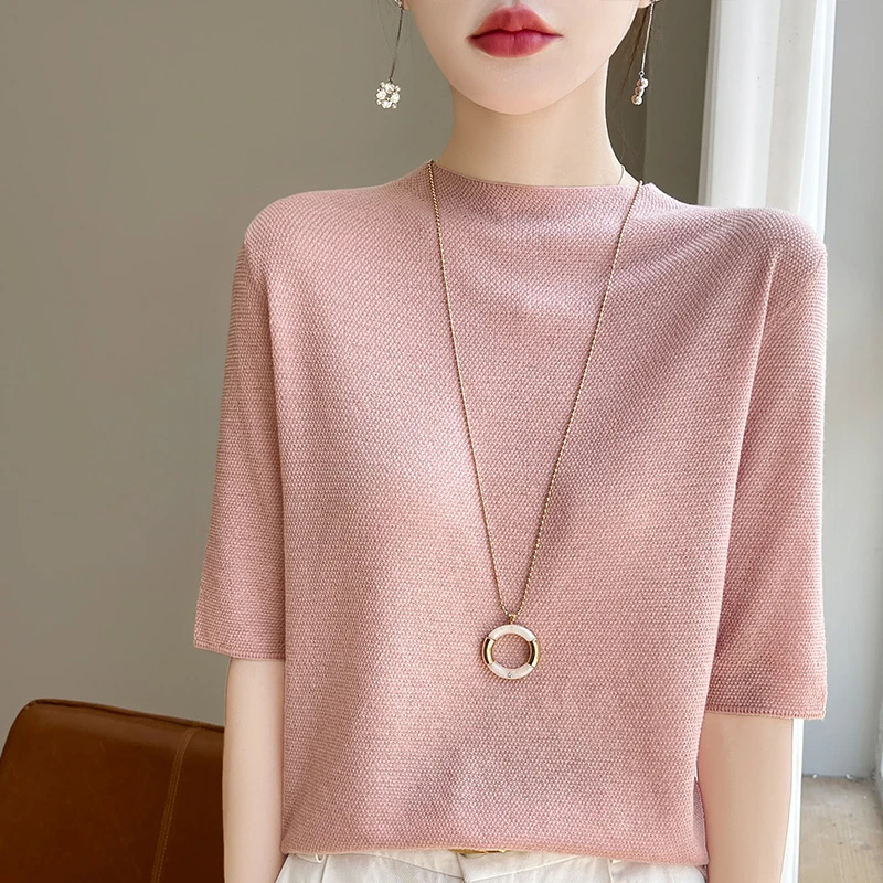 夏季新款半高领针织短袖女五分袖时尚薄款气质纯色显瘦上衣NSY185