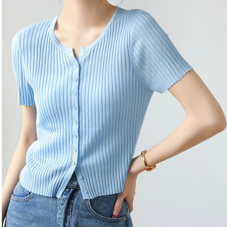 夏季天丝亚麻针织短袖开衫女剪刀V领宽松小衫坑条短款上衣DY502