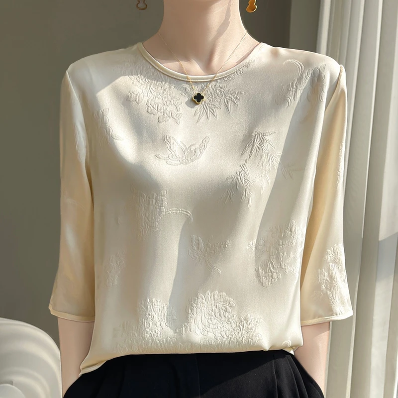 24夏季新中式中国风T恤女圆领中袖提花衬衫宽松醋酸缎面上衣Rf28
