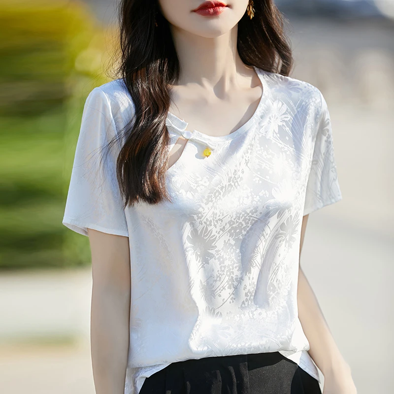 新中式醋酸缎面提花短袖T恤夏季新款复古气质圆领中国风上衣JR733