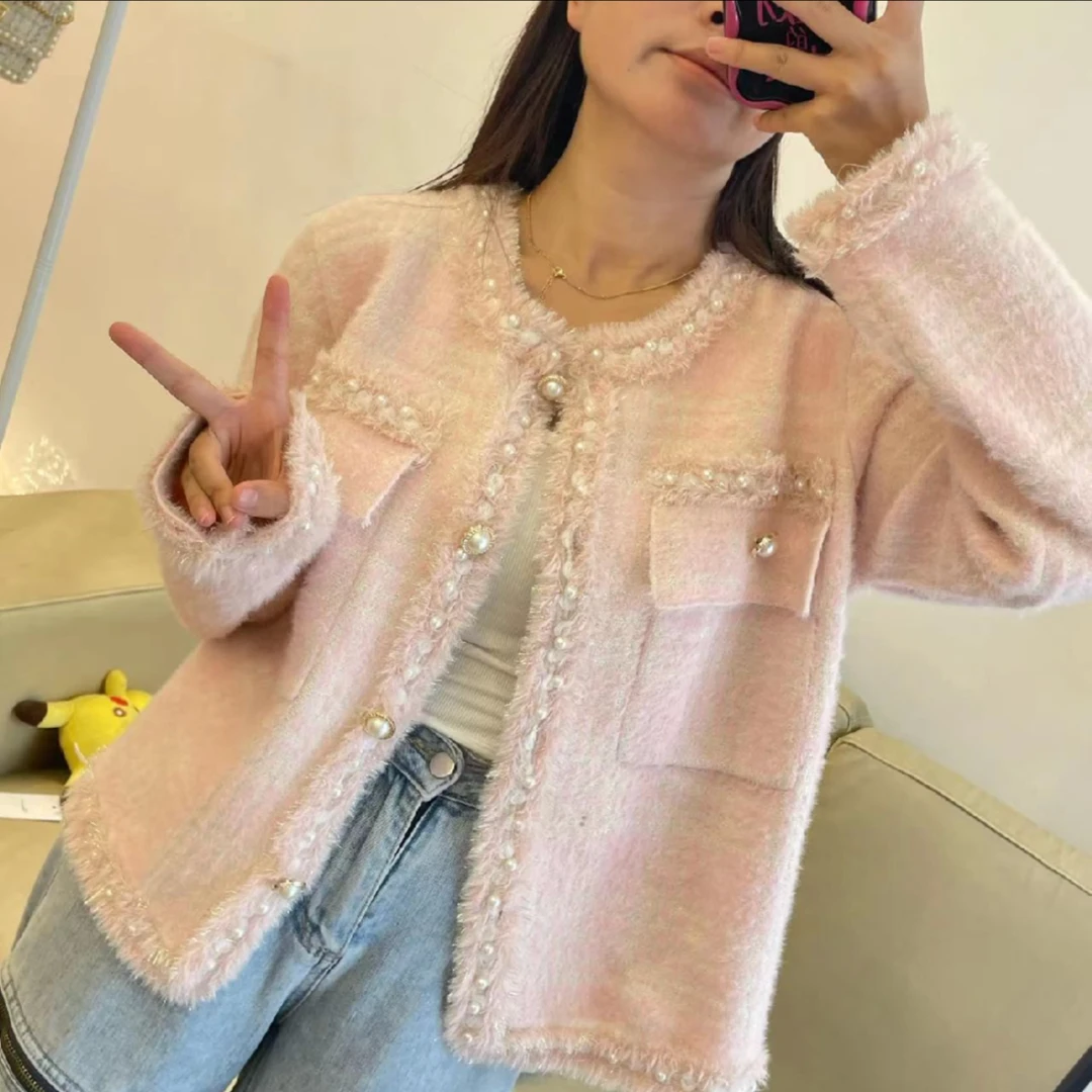 现货珍珠款小香风开衫休闲气质百搭女外套秋冬新款韩版复古设计感