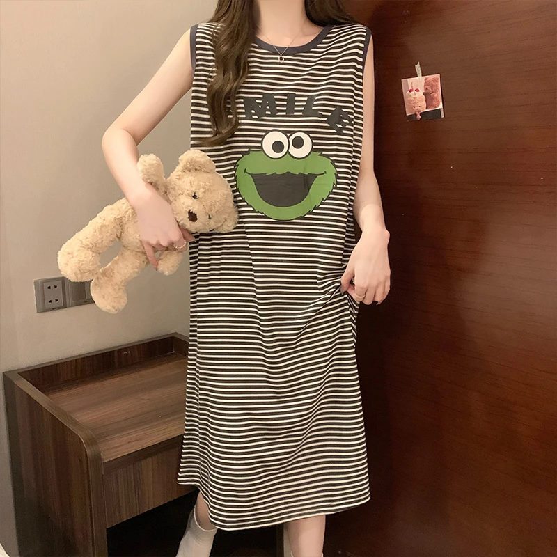 日系棉质吊带背心睡裙夏季可外穿条纹连衣裙2024新款睡衣女家居服