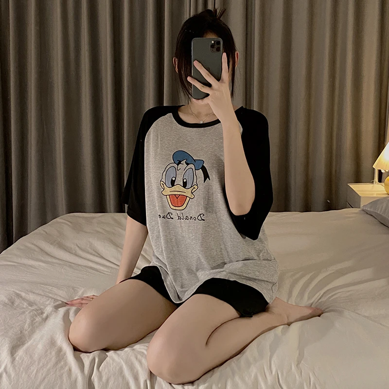 睡衣女夏季莫代尔薄款短袖2023新款卡通小鸭可外穿家居服网红套装