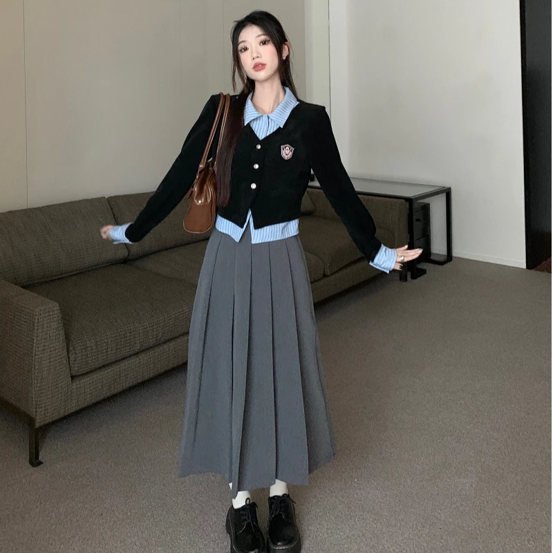 韩国小镇~学院针织假两件长袖POLO衬衫高腰半身百褶裙盐系秋套装