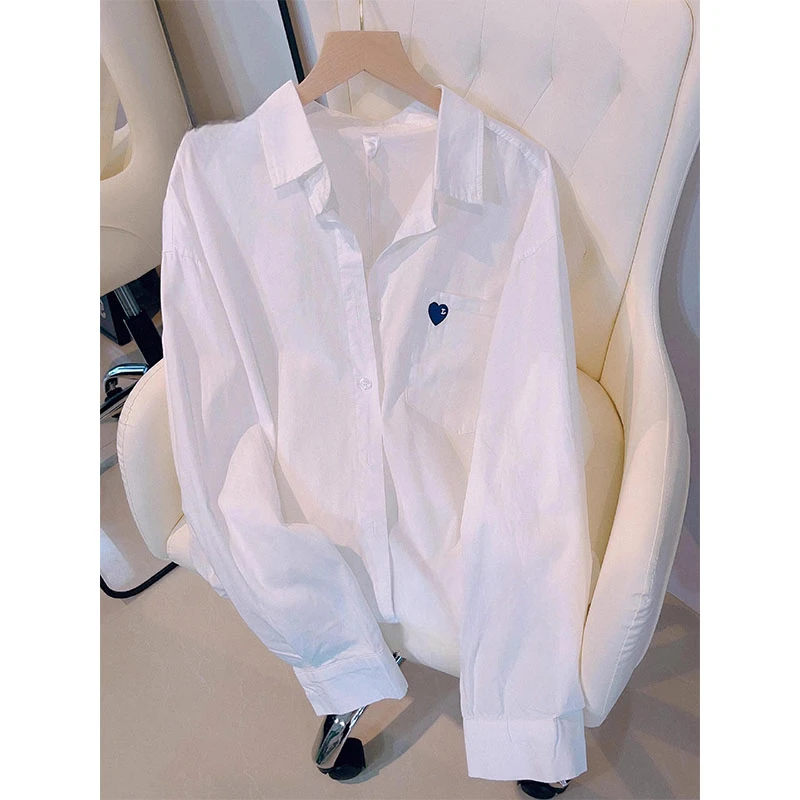 春秋新款长袖纯棉衬衫女韩范百搭显瘦设计感气质洋气刺绣衬衣上衣