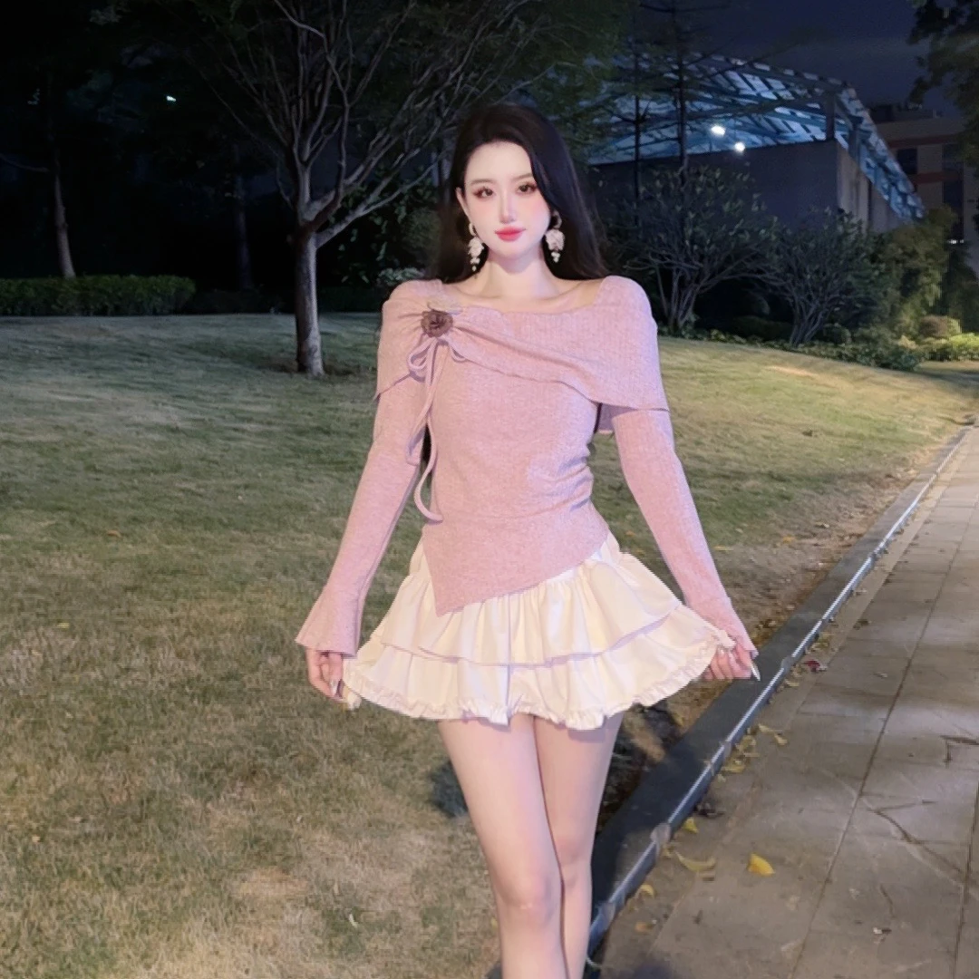 针织长袖上衣显瘦辣妹高腰短款修身打底衫