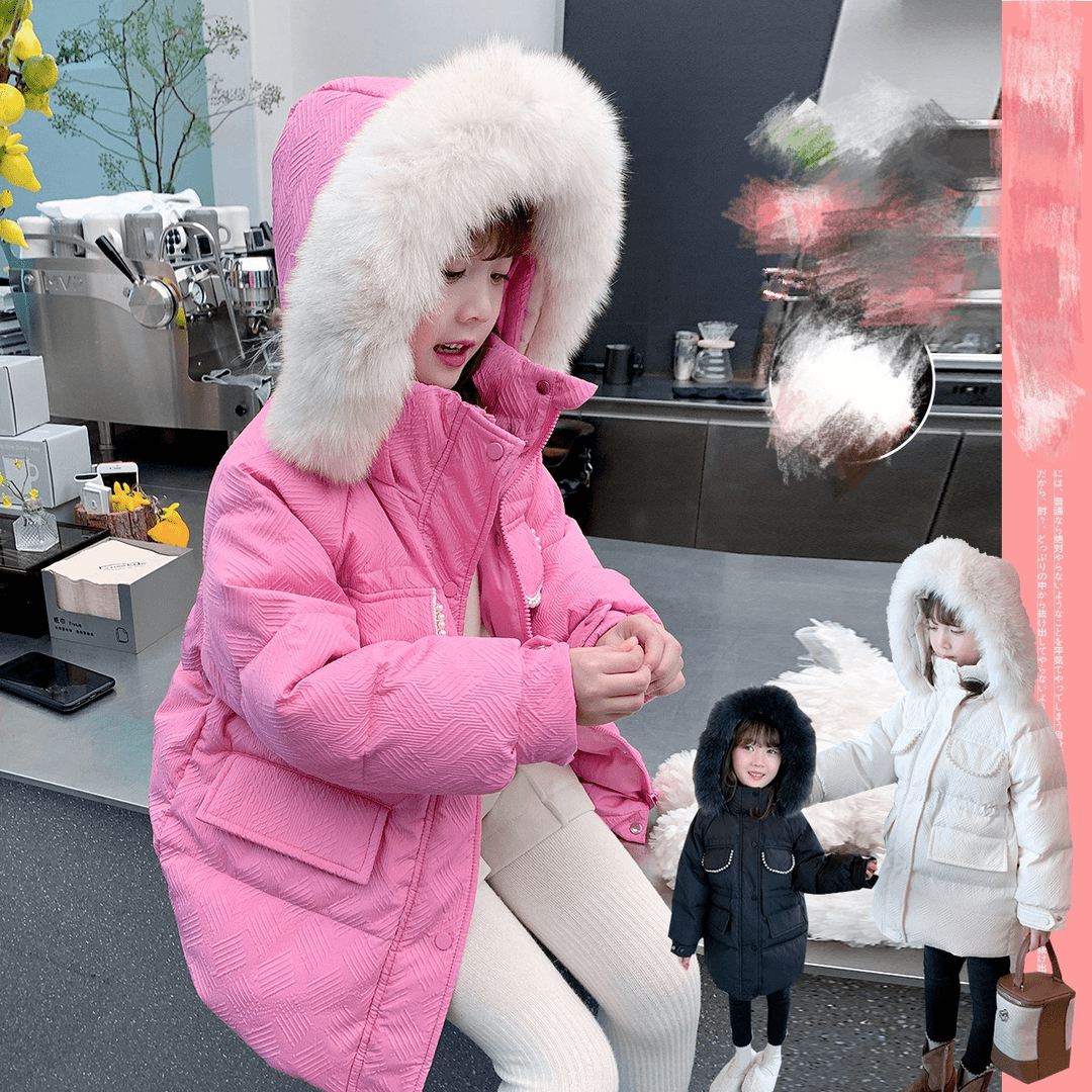 木木屋 女童冬款棉服2023新款小女孩过冬中长款棉袄连帽大毛领棉衣