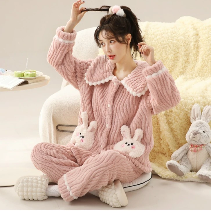 2024新睡衣女加绒加厚秋冬款珊瑚绒保暖家居服套装开衫冬天可外穿