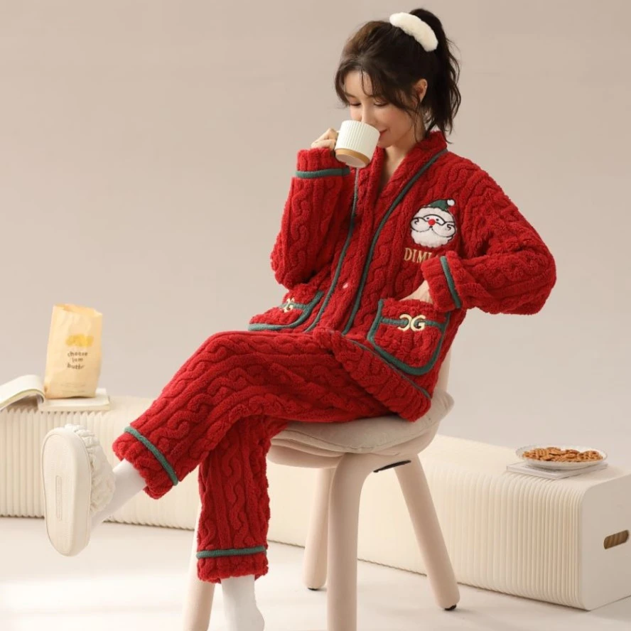 睡衣女加绒加厚秋冬季珊瑚绒保暖家居服开衫款冬天可外穿套装