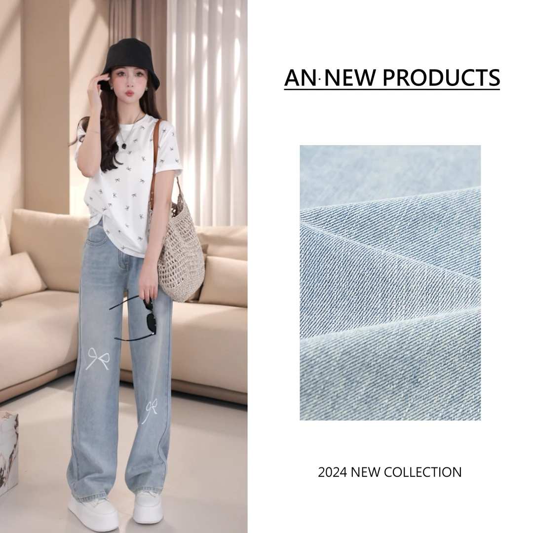 【时装周常客】B3240韩版洋气小众设计蝴蝶结直筒牛仔裤