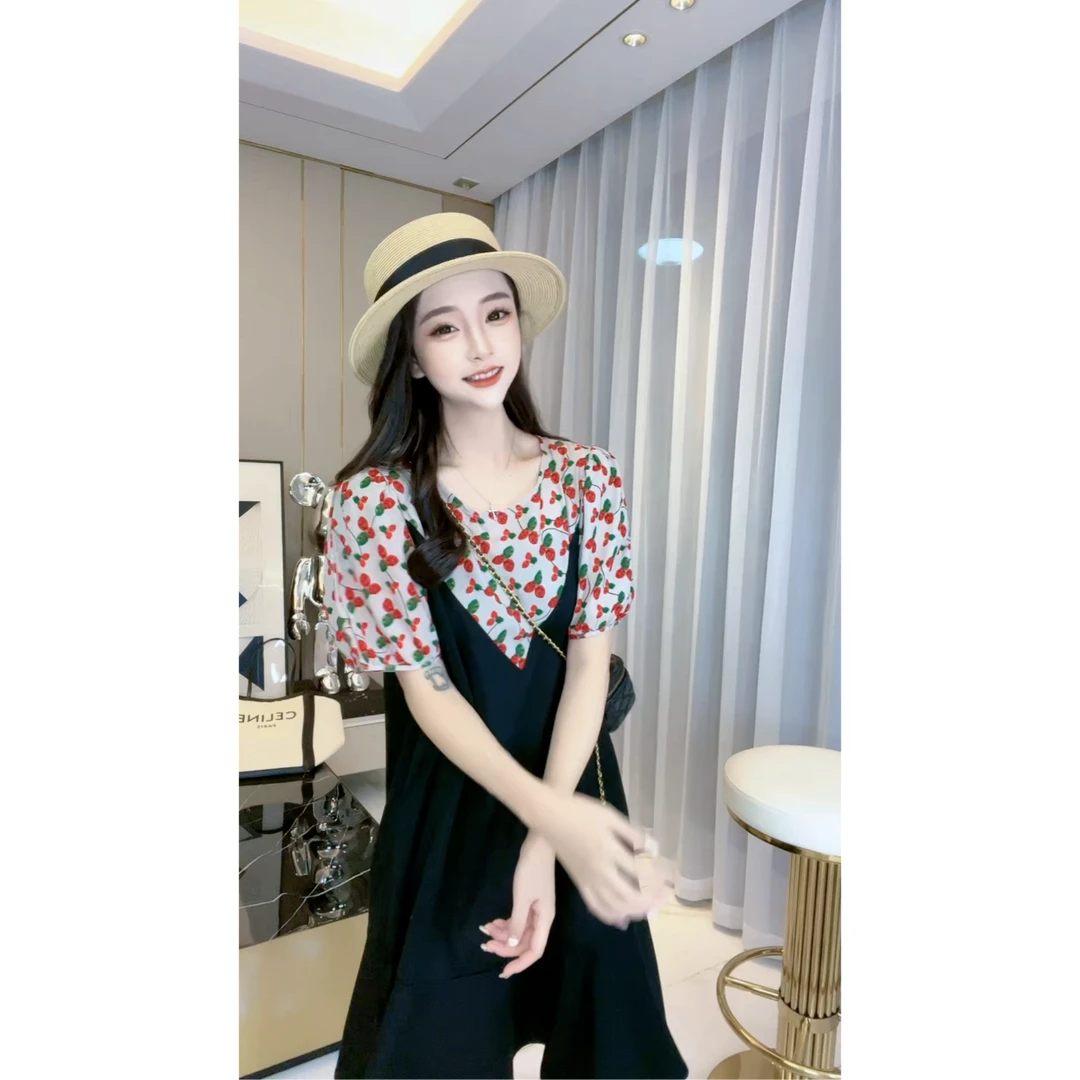 【明艳少女】法式拼接泡泡袖樱桃连衣裙10620