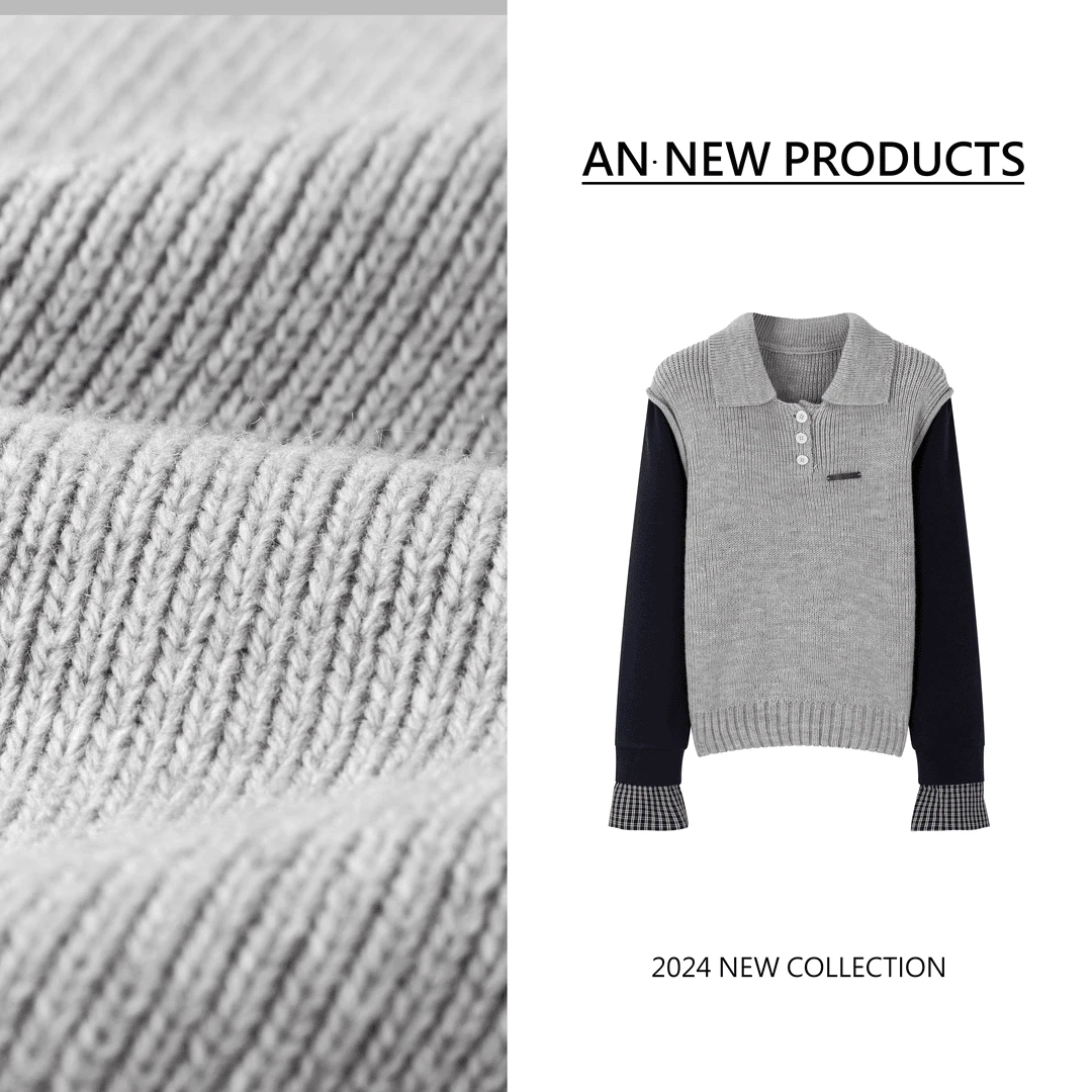 B8310秋季新款时尚高级感POLO领拼接卫衣袖气质针织毛衣