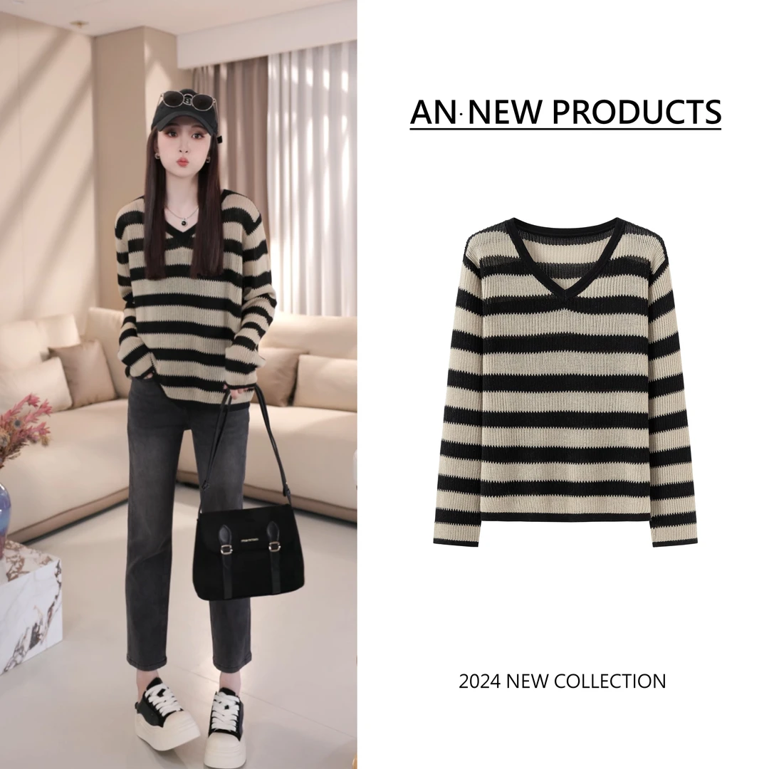 【木调雪松】B8170秋季新款美式复古气质个性V领条纹针织毛衣