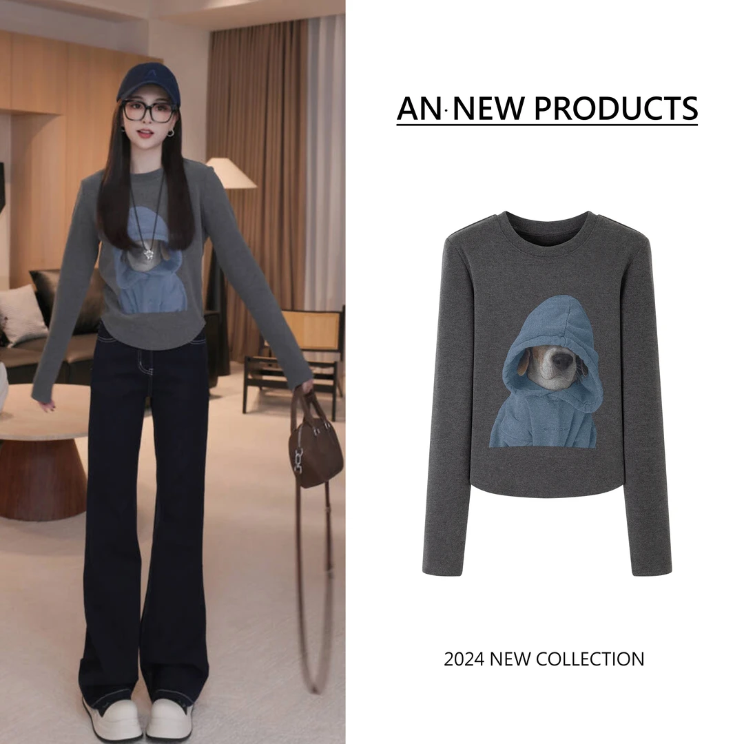 【鲁本斯油画】B10805冬季新款时尚卡通小狗双面德绒打底上衣