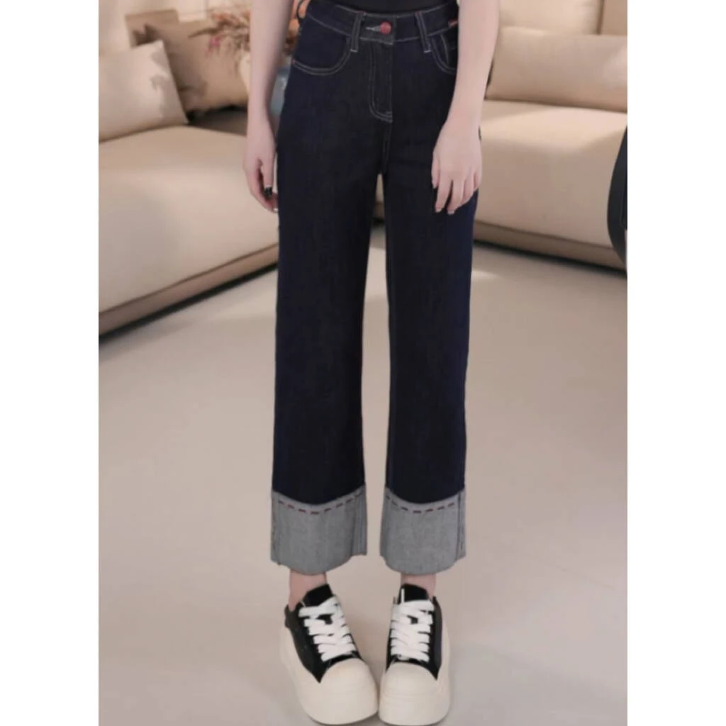 【版型优越】B90057秋季新款时尚洋气拼接裤脚显瘦九分烟管牛仔裤