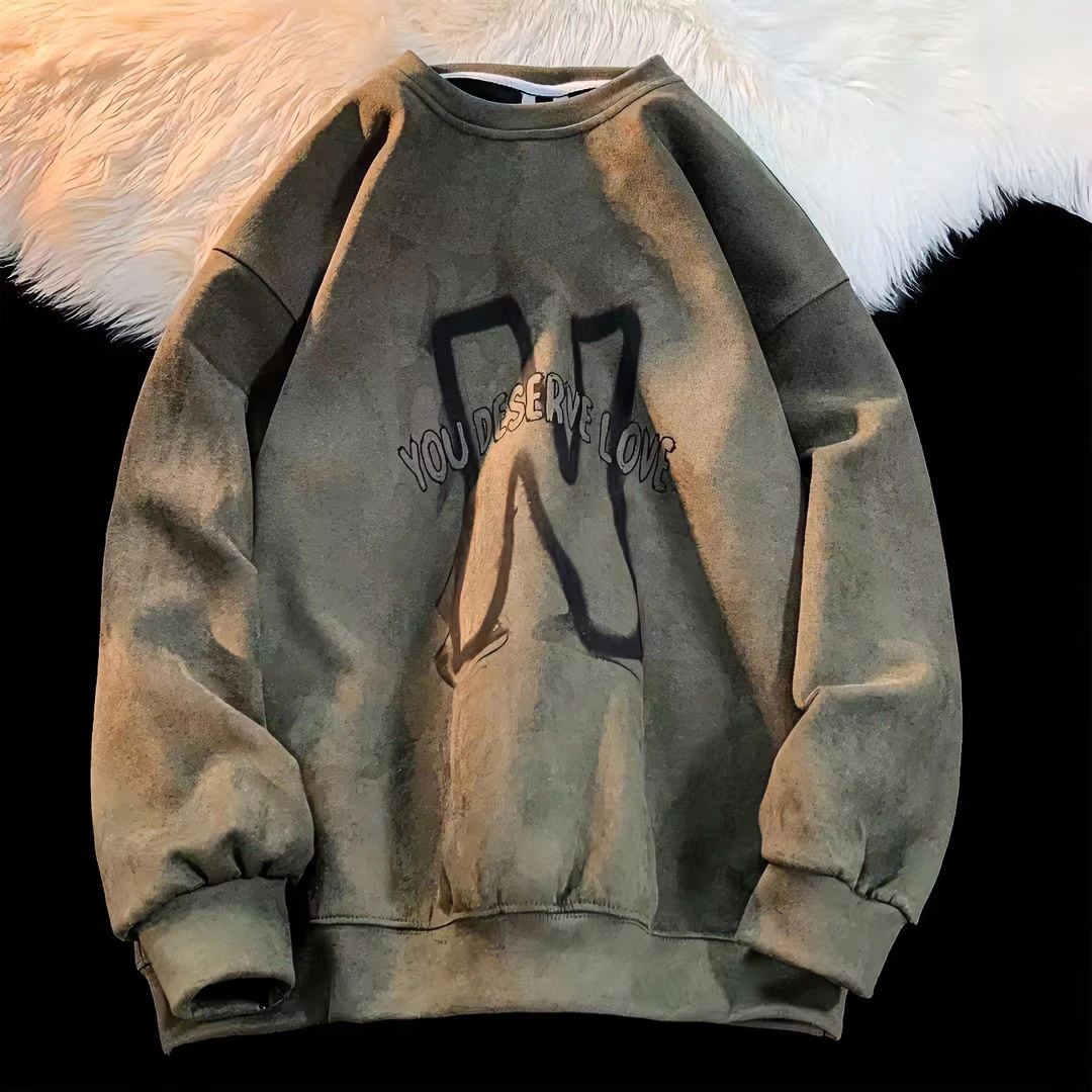 圆领仿麂皮绒卫衣秋冬新款潮牌字母印花加绒加厚长袖上衣大码外套