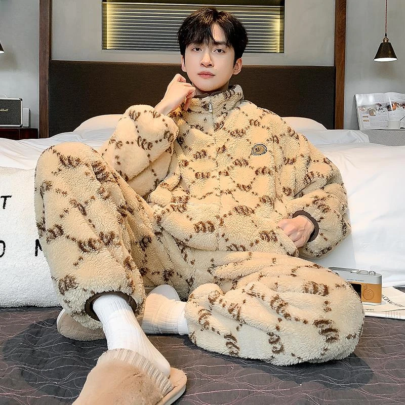 维多利亚睡衣男士冬季加厚加绒珊瑚绒保暖青少年轻奢风家居服套装