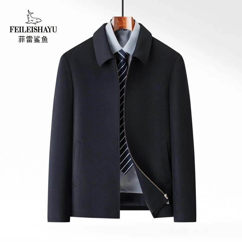 羊毛20山羊绒冬季翻领加厚夹克中老年男士商务休闲行政百搭藏青色