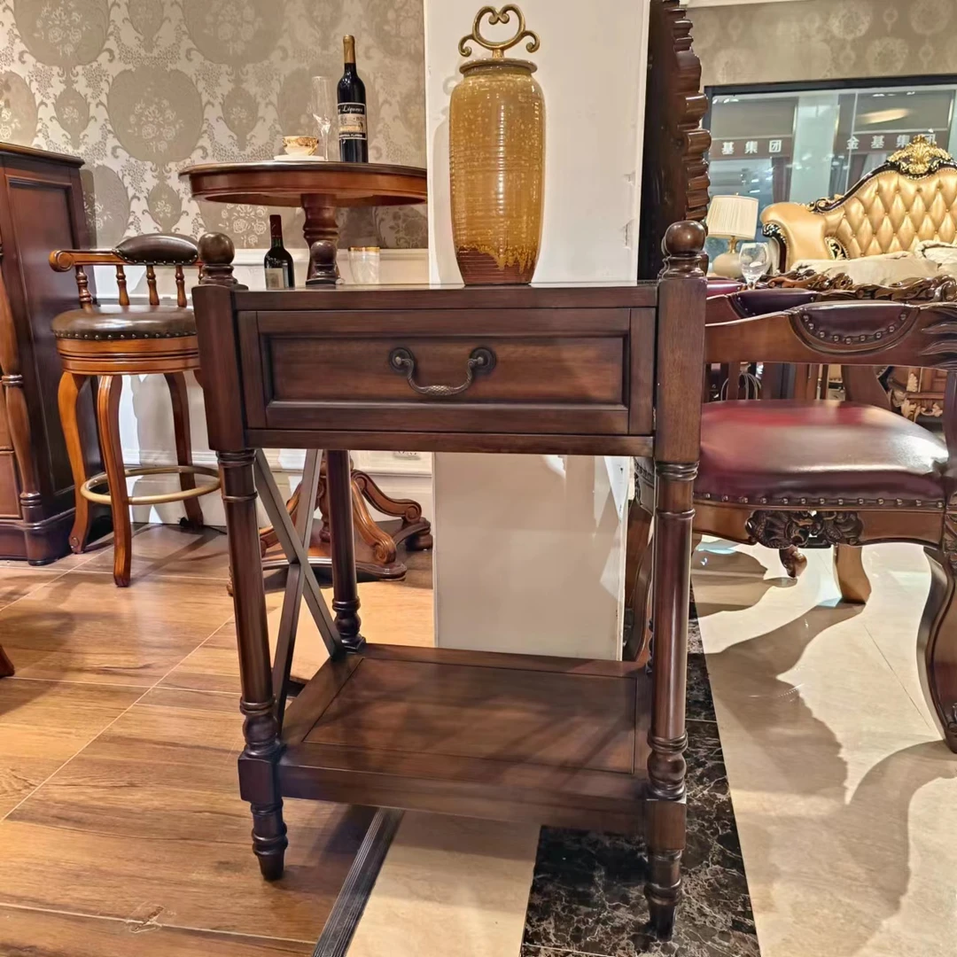 YM372方几美式小茶几客厅储物架雕花小层架玄关处角几600*400*900