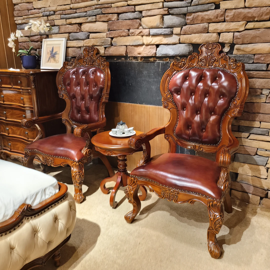 YM257美式休闲椅单人书椅780*650*1475古典全实木圆几600*600*700