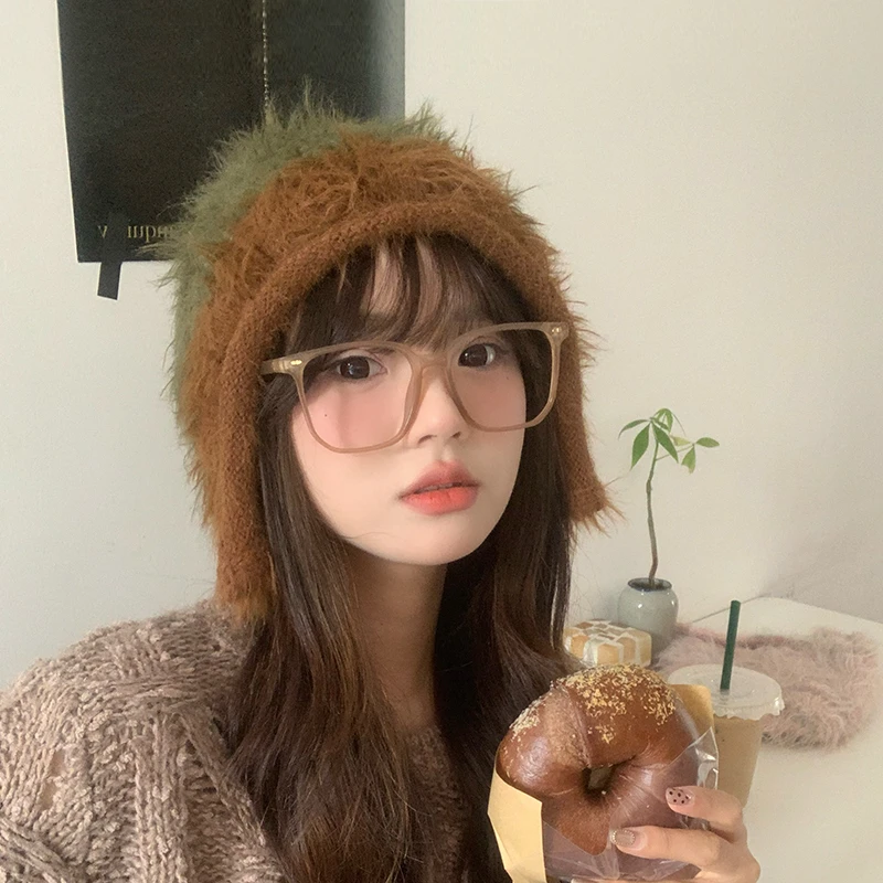 可爱韩系百搭女秋冬包头帽护耳仿貂毛保暖长毛新款针织帽毛绒搞怪