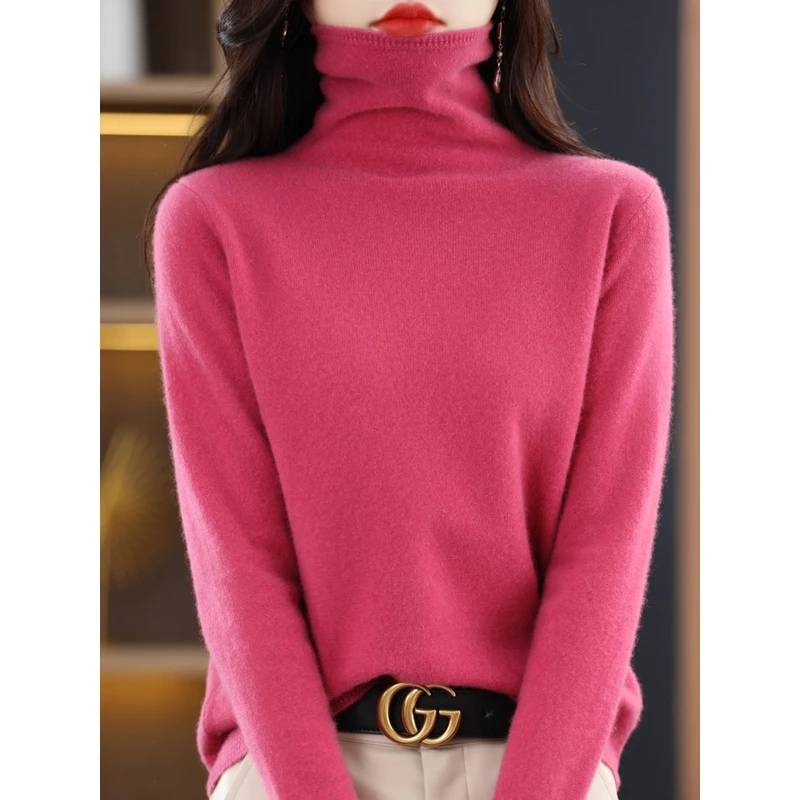 【一线成衣】100%羊毛衫女套头高领宽松毛衣堆堆领纯色长袖针织打底