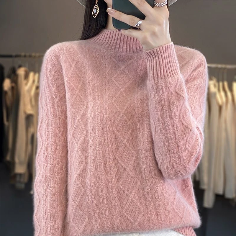 2024新款加厚秋冬新款高领宽松毛衣打底绞花针织针织衫